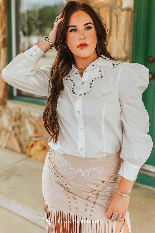 Buffalo Belle - Ivory Pearl Snap Puff Sleeve Studded Shirt