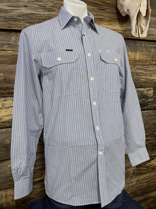 Ritemate - Pilbara Mens Blue/Navy Stripe Shirt Long Sleeve