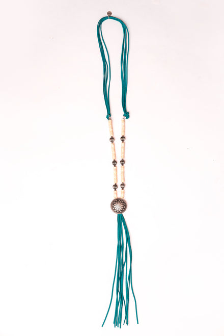 Ivory Beaded Turquoise Leather Tassel and Silver Concho