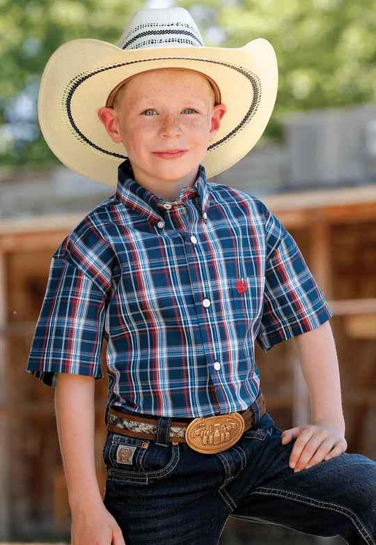 Cinch - Boys Short Sleeve Blue Plaid Arena Shirt